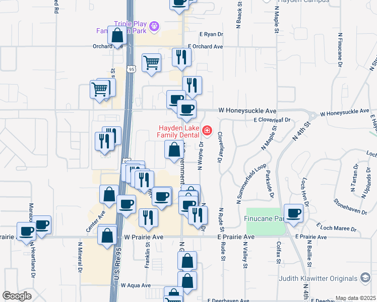 map of restaurants, bars, coffee shops, grocery stores, and more near 8552 North Government Way in Hayden