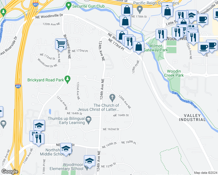 map of restaurants, bars, coffee shops, grocery stores, and more near 12531 Northeast 168th Court in Woodinville