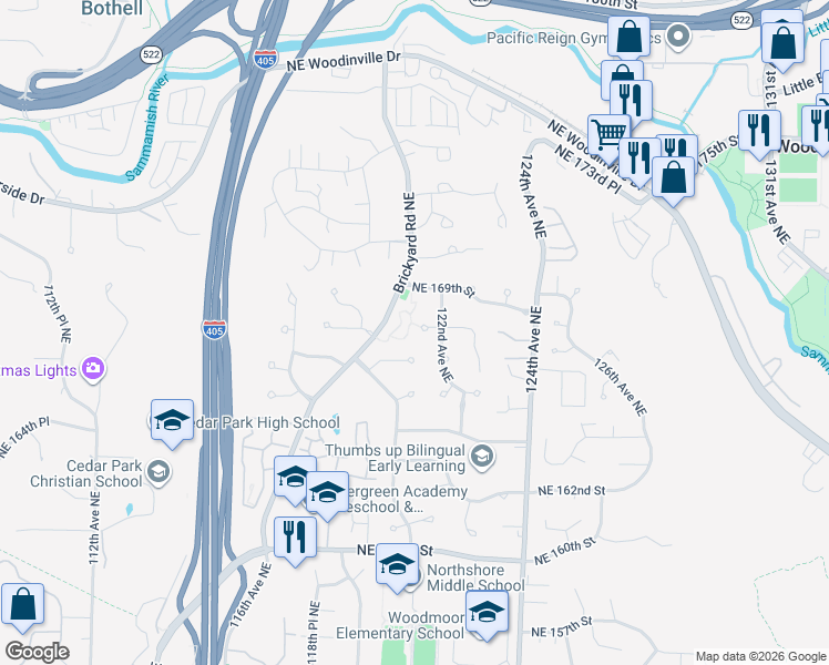 map of restaurants, bars, coffee shops, grocery stores, and more near 16800 Brickyard Road Northeast in Bothell