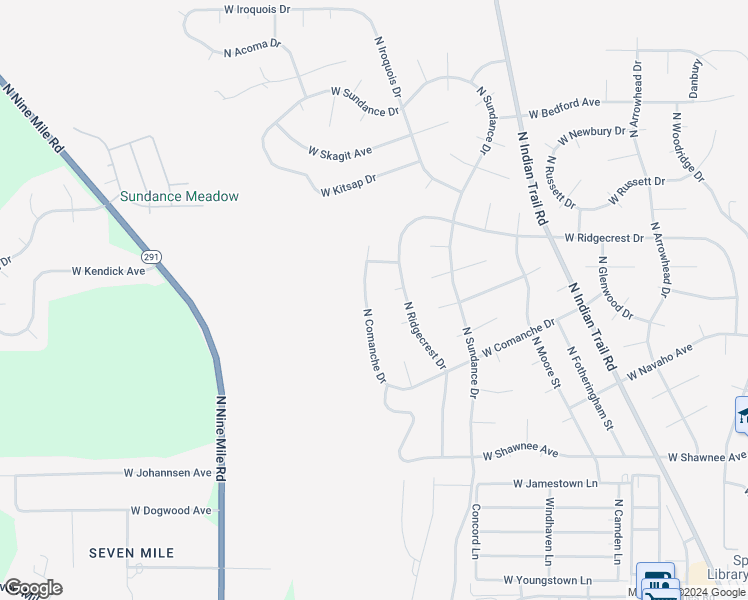 map of restaurants, bars, coffee shops, grocery stores, and more near 10106 North Comanche Drive in Spokane