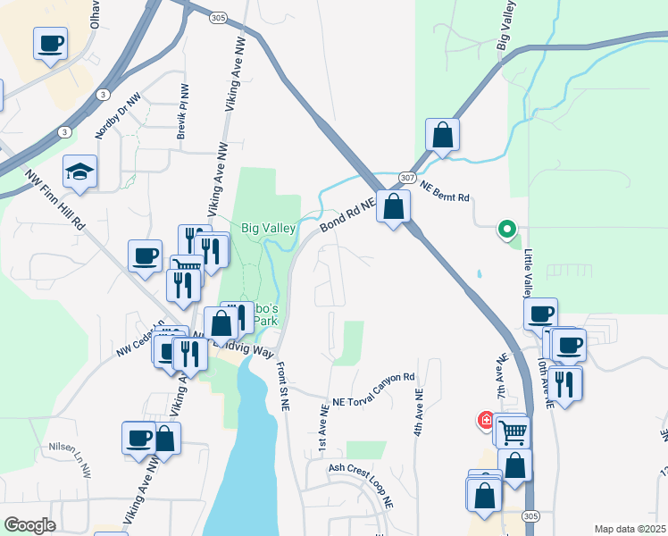 map of restaurants, bars, coffee shops, grocery stores, and more near 20455 1st Avenue Northeast in Poulsbo