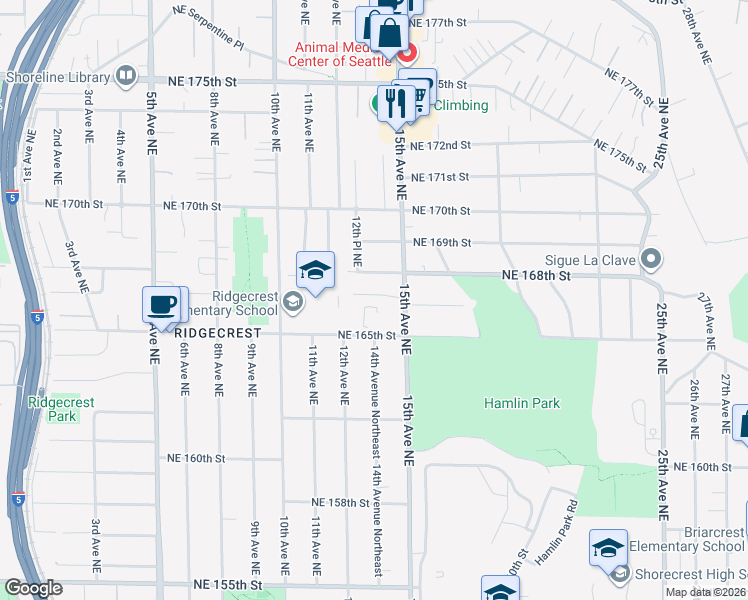 map of restaurants, bars, coffee shops, grocery stores, and more near 1431 Northeast 166th Court in Shoreline