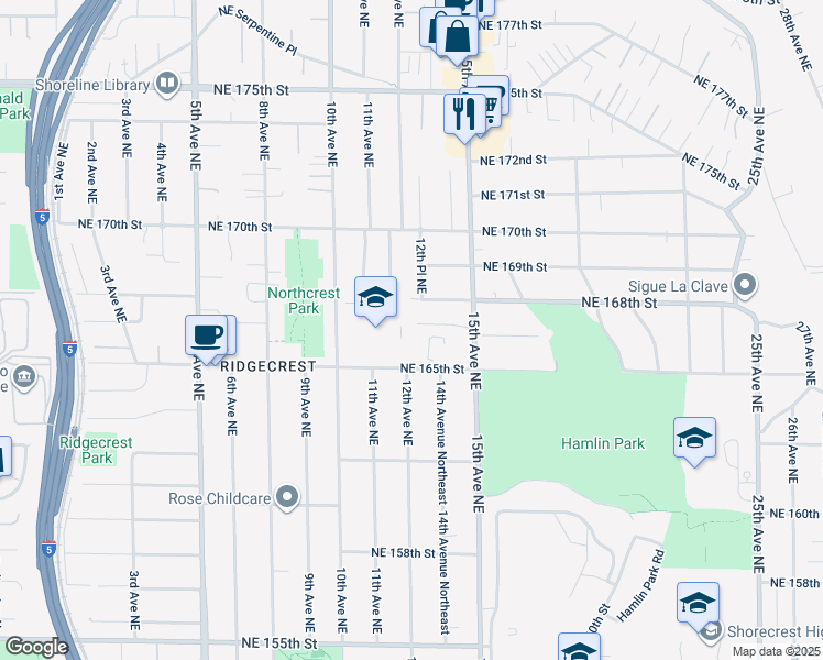 map of restaurants, bars, coffee shops, grocery stores, and more near 1409 Northeast 166th Court in Shoreline