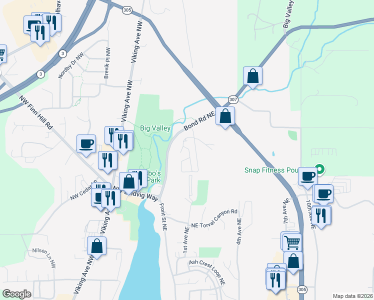 map of restaurants, bars, coffee shops, grocery stores, and more near 20455 1st Avenue Northeast in Poulsbo