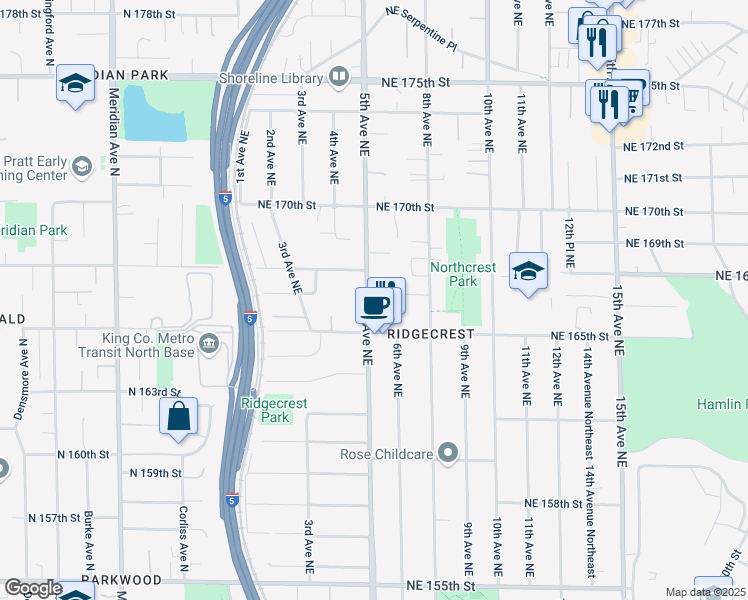 map of restaurants, bars, coffee shops, grocery stores, and more near 16528 5th Avenue Northeast in Shoreline