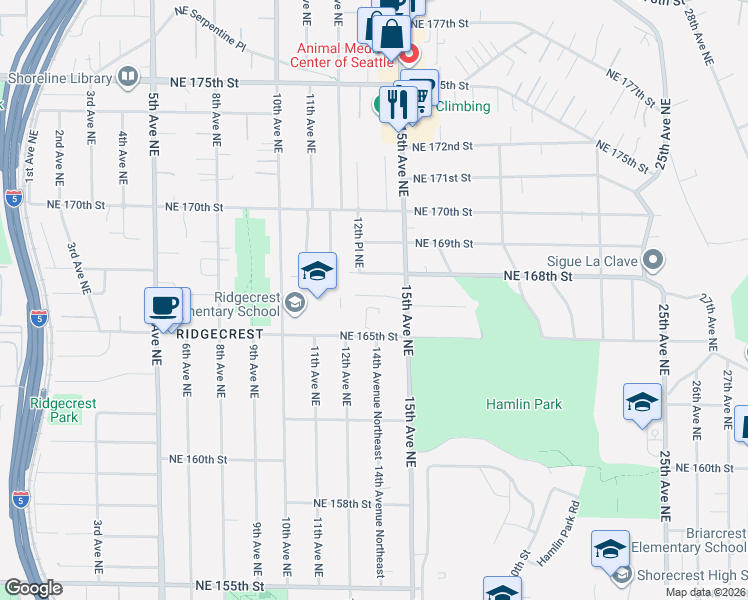map of restaurants, bars, coffee shops, grocery stores, and more near 1405 Northeast 166th Court in Shoreline