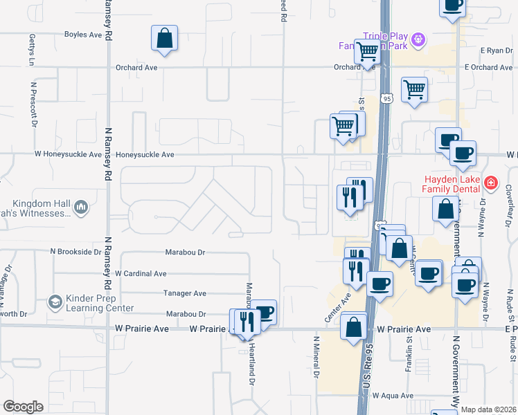 map of restaurants, bars, coffee shops, grocery stores, and more near 8562 Indywood Drive in Hayden