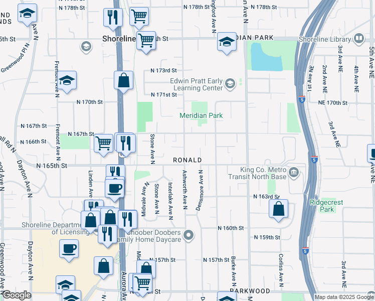 map of restaurants, bars, coffee shops, grocery stores, and more near 16526 Ashworth Avenue North in Shoreline