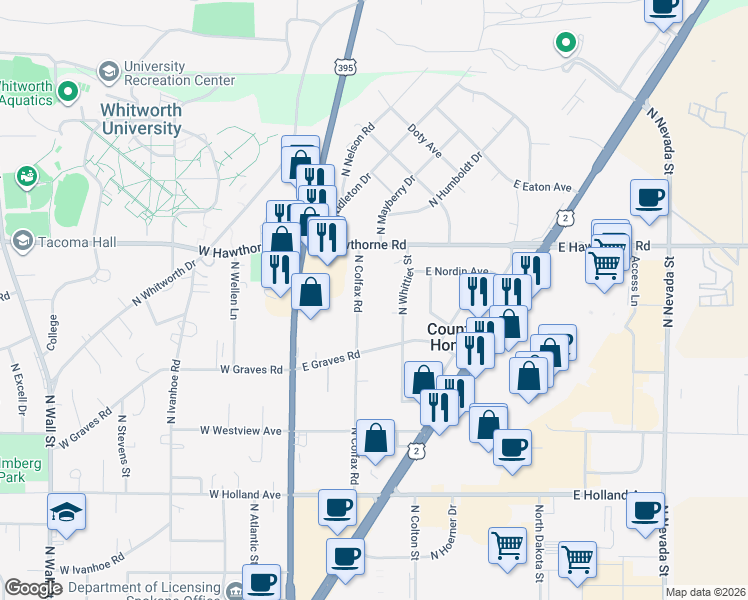 map of restaurants, bars, coffee shops, grocery stores, and more near 10110 North Colfax Road in Spokane