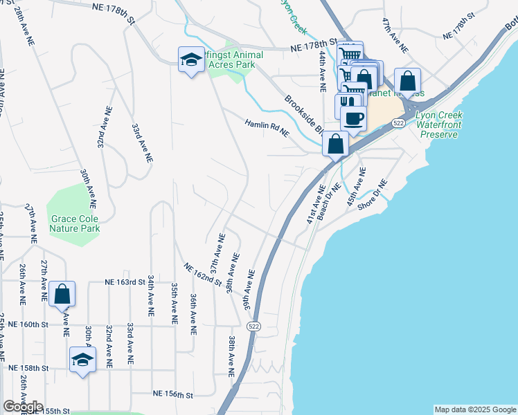 map of restaurants, bars, coffee shops, grocery stores, and more near 16524 37th Avenue Northeast in Lake Forest Park
