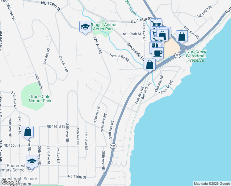 map of restaurants, bars, coffee shops, grocery stores, and more near 16524 37th Avenue Northeast in Lake Forest Park