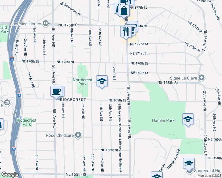 map of restaurants, bars, coffee shops, grocery stores, and more near 1409 Northeast 166th Court in Shoreline