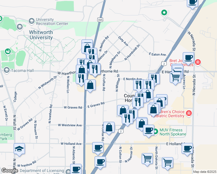 map of restaurants, bars, coffee shops, grocery stores, and more near 10110 North Colfax Road in Spokane
