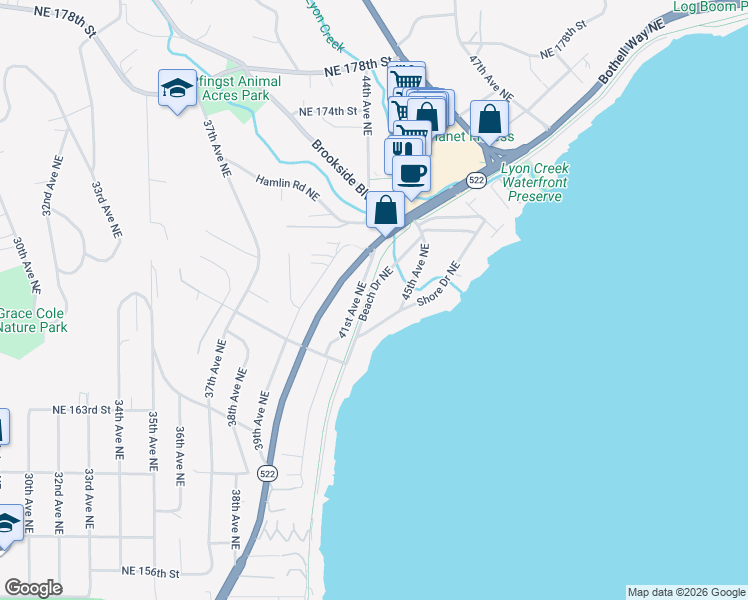 map of restaurants, bars, coffee shops, grocery stores, and more near 16535 Shore Drive Northeast in Lake Forest Park