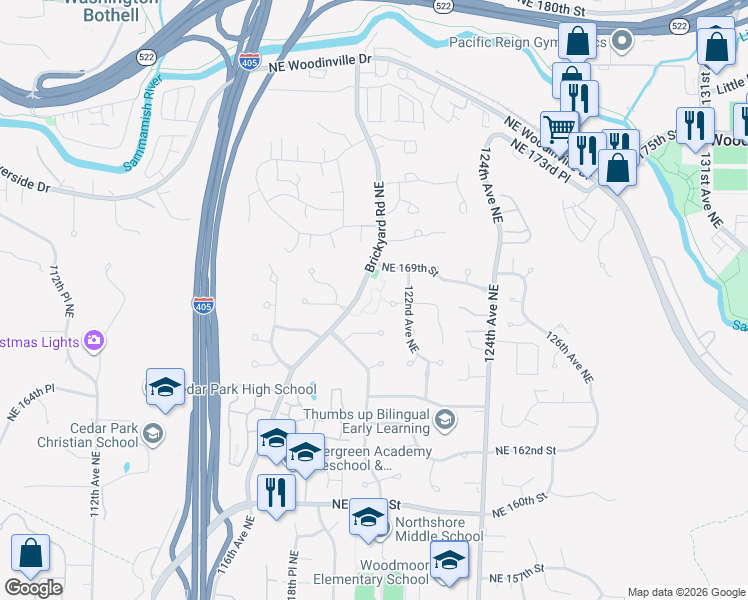 map of restaurants, bars, coffee shops, grocery stores, and more near 16800 Brickyard Road Northeast in Bothell