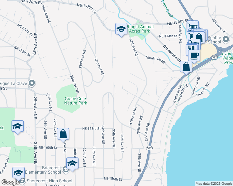 map of restaurants, bars, coffee shops, grocery stores, and more near 3535 Northeast 165th Street in Lake Forest Park
