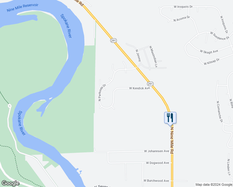 map of restaurants, bars, coffee shops, grocery stores, and more near 7321 West Kendick Avenue in Nine Mile Falls