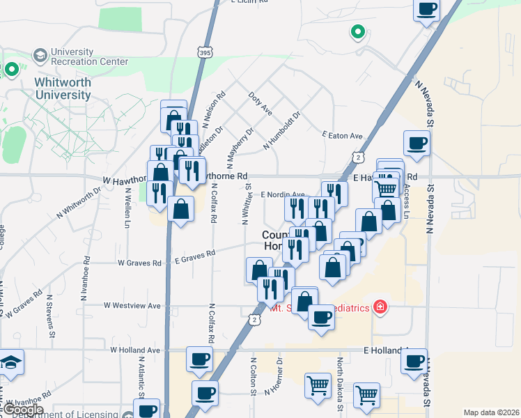 map of restaurants, bars, coffee shops, grocery stores, and more near 10106 North Wesley Street in Spokane