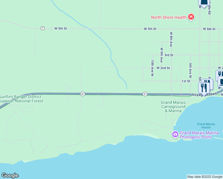 map of restaurants, bars, coffee shops, grocery stores, and more near 1501 West Highway 61 in Grand Marais