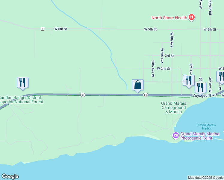 map of restaurants, bars, coffee shops, grocery stores, and more near 1501 West Highway 61 in Grand Marais