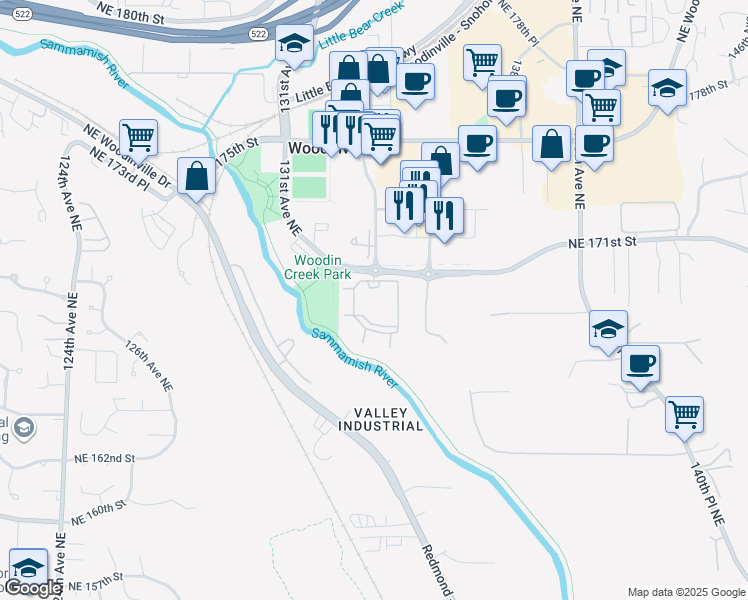 map of restaurants, bars, coffee shops, grocery stores, and more near 13305 Northeast 171st Street in Woodinville
