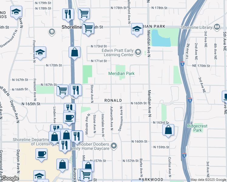 map of restaurants, bars, coffee shops, grocery stores, and more near 16526 Ashworth Avenue North in Shoreline