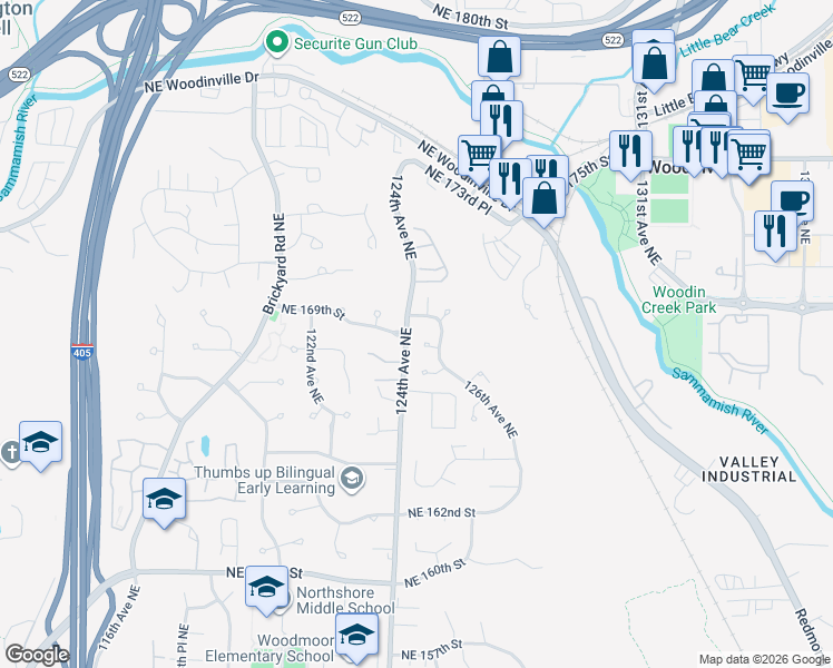 map of restaurants, bars, coffee shops, grocery stores, and more near 12531 Northeast 168th Court in Woodinville