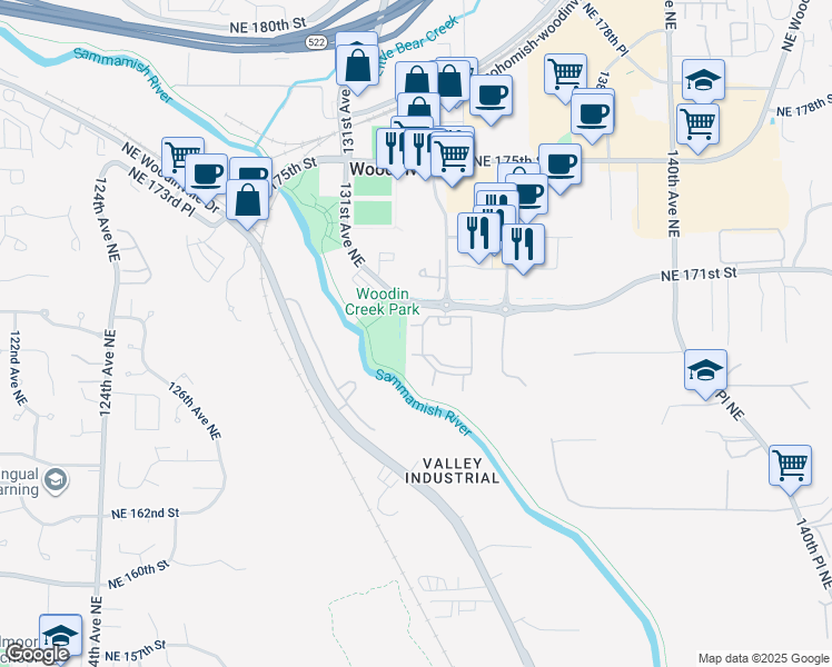 map of restaurants, bars, coffee shops, grocery stores, and more near 13305 Northeast 171st Street in Woodinville