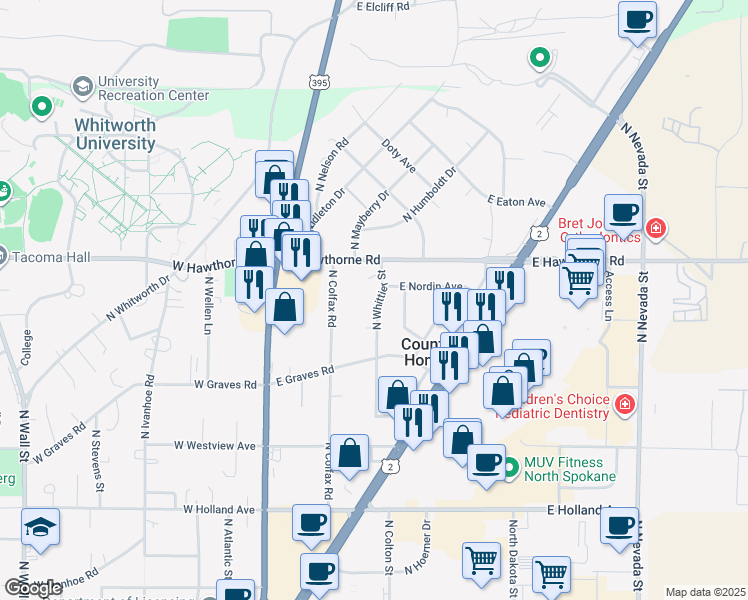 map of restaurants, bars, coffee shops, grocery stores, and more near 10119 North Whittier Street in Spokane