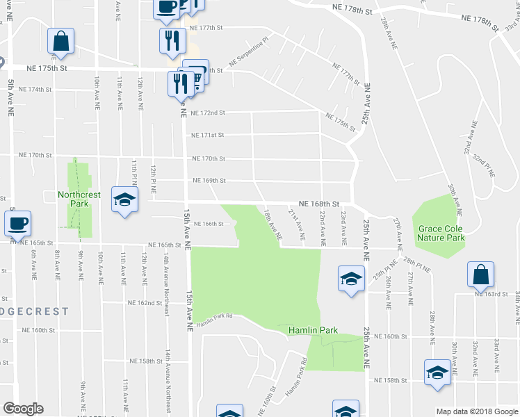 map of restaurants, bars, coffee shops, grocery stores, and more near 16544 18th Avenue Northeast in Shoreline