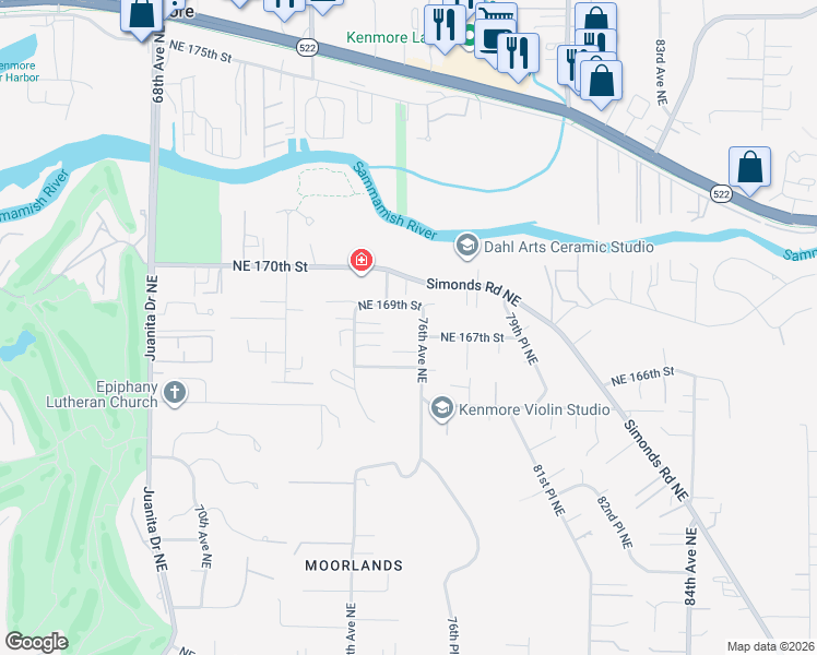 map of restaurants, bars, coffee shops, grocery stores, and more near 16711 76th Avenue Northeast in Kenmore