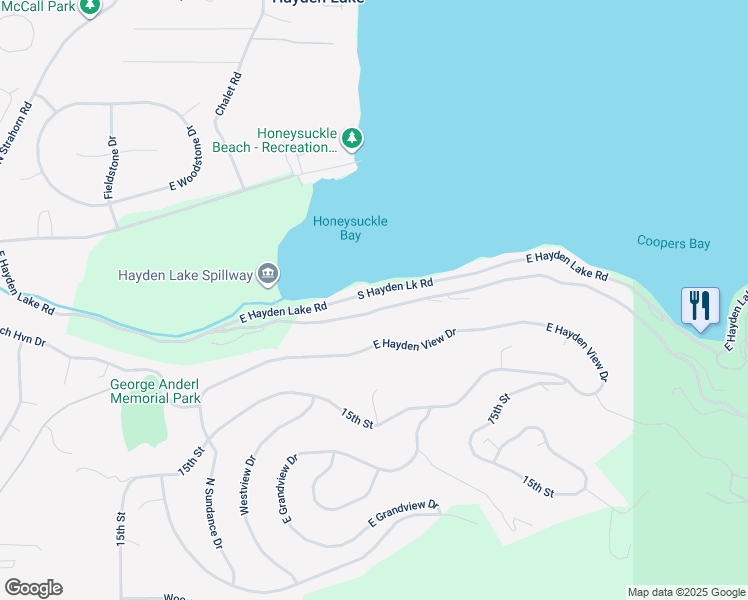 map of restaurants, bars, coffee shops, grocery stores, and more near 2574 East Hayden Lake Road in Hayden