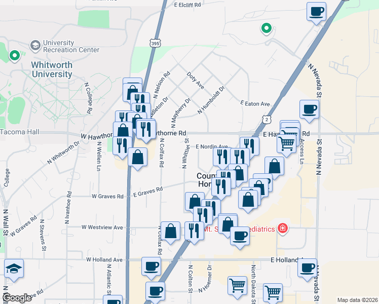 map of restaurants, bars, coffee shops, grocery stores, and more near 10106 North Whittier Street in Spokane