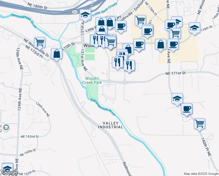 map of restaurants, bars, coffee shops, grocery stores, and more near 13305 Northeast 171st Street in Woodinville