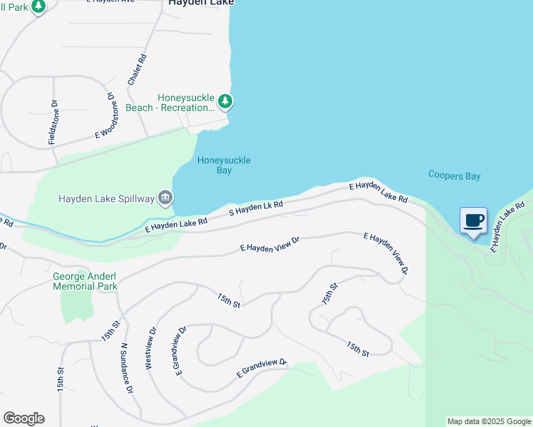 map of restaurants, bars, coffee shops, grocery stores, and more near 2525 East Upper Hayden Lake Road in Hayden
