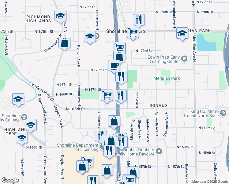 map of restaurants, bars, coffee shops, grocery stores, and more near 16549 Aurora Avenue North in Shoreline