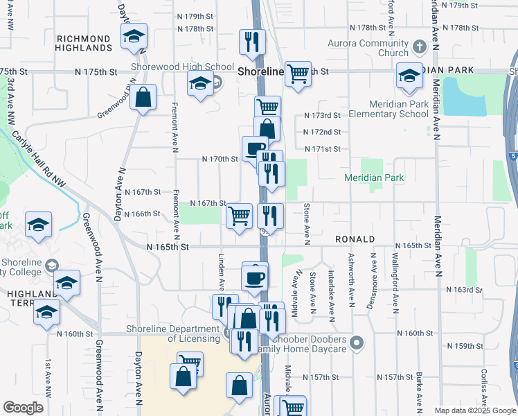 map of restaurants, bars, coffee shops, grocery stores, and more near 16715 Aurora Avenue North in Shoreline