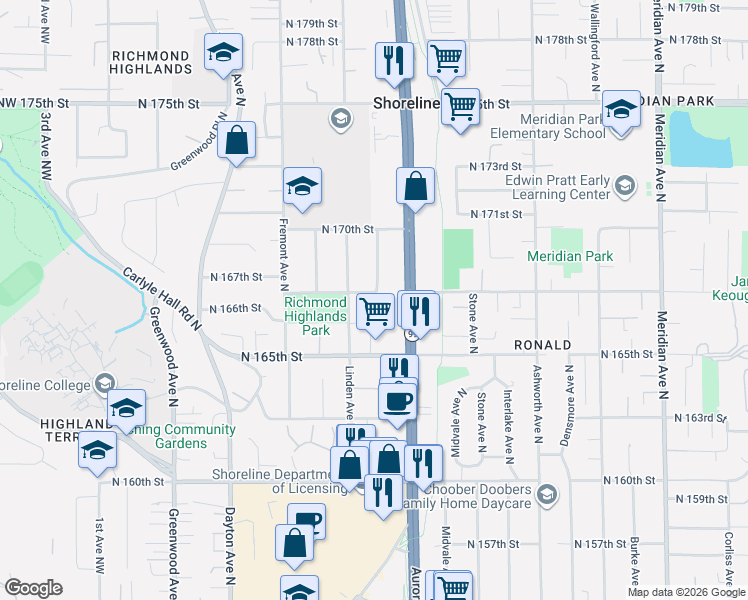map of restaurants, bars, coffee shops, grocery stores, and more near 16717 Whitman Avenue North in Shoreline