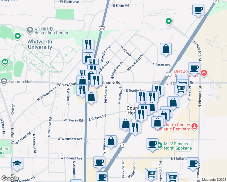 map of restaurants, bars, coffee shops, grocery stores, and more near 112 East Hawthorne Road in Spokane