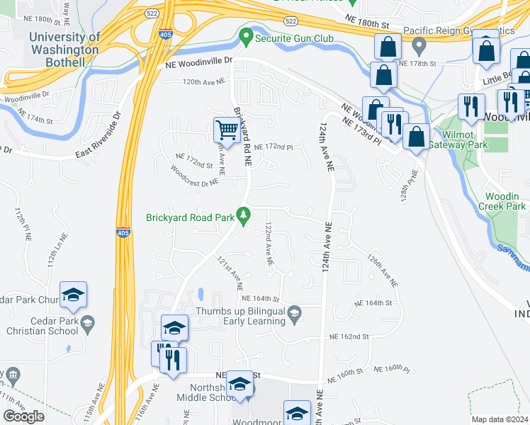 map of restaurants, bars, coffee shops, grocery stores, and more near 16821 122nd Avenue Northeast in Bothell