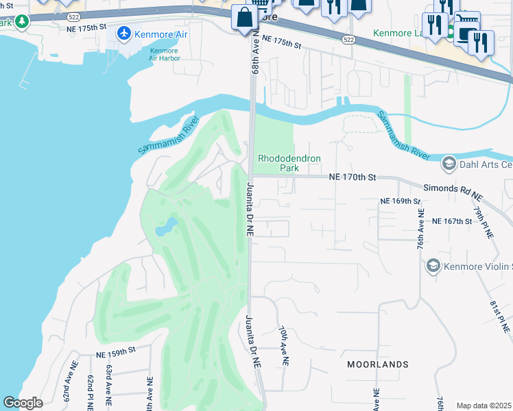 map of restaurants, bars, coffee shops, grocery stores, and more near 16724 Juanita Drive Northeast in Kenmore