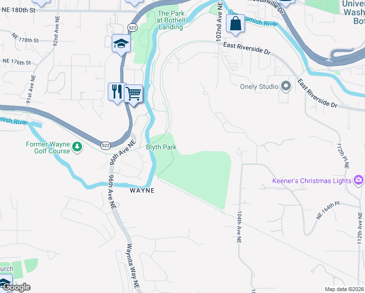 map of restaurants, bars, coffee shops, grocery stores, and more near 17002 West Riverside Drive in Bothell