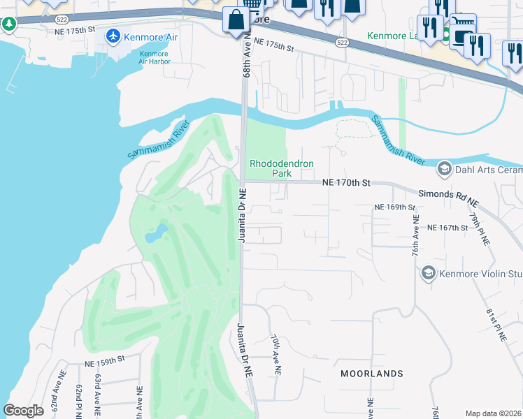 map of restaurants, bars, coffee shops, grocery stores, and more near 6831 Northeast 170th Street in Kenmore