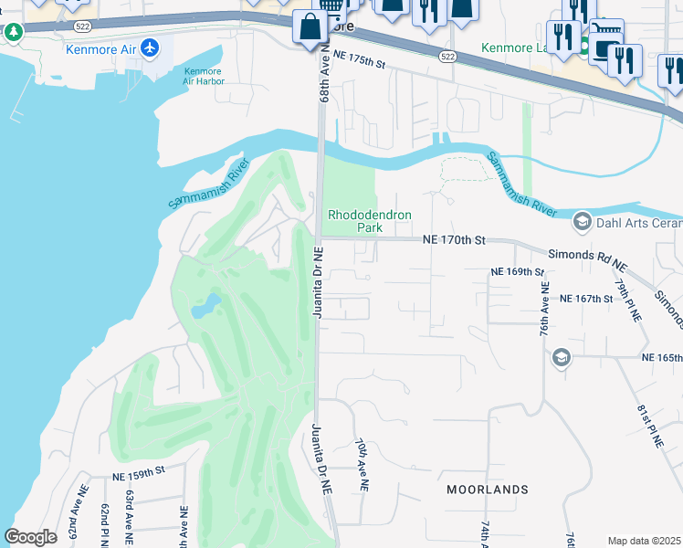 map of restaurants, bars, coffee shops, grocery stores, and more near 16724 Juanita Drive Northeast in Kenmore