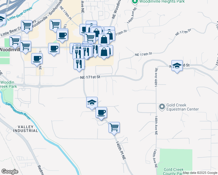 map of restaurants, bars, coffee shops, grocery stores, and more near 17091 142nd Place Northeast in Woodinville