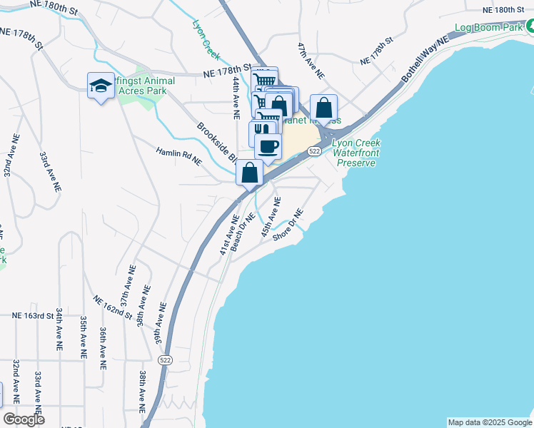 map of restaurants, bars, coffee shops, grocery stores, and more near 16821 45th Avenue Northeast in Lake Forest Park