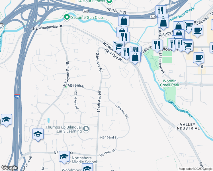 map of restaurants, bars, coffee shops, grocery stores, and more near 12435 Northeast 171st Place in Woodinville