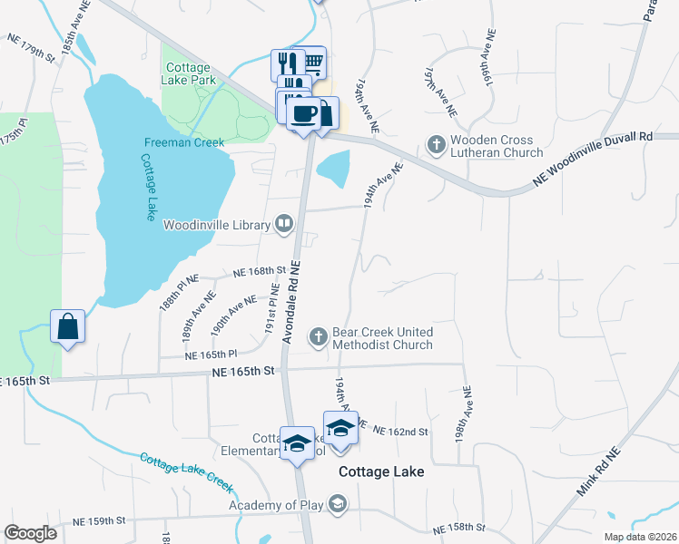 map of restaurants, bars, coffee shops, grocery stores, and more near 16919 194th Avenue Northeast in Woodinville