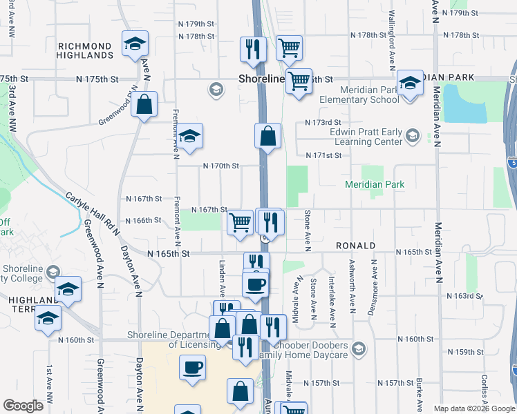 map of restaurants, bars, coffee shops, grocery stores, and more near 16715 Aurora Avenue North in Shoreline
