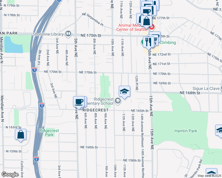 map of restaurants, bars, coffee shops, grocery stores, and more near 16705 10th Avenue Northeast in Shoreline